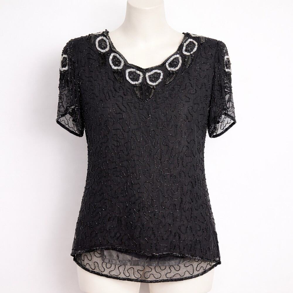 Vintage Sweelo Black Heavily Beaded Retro Glam Statement Luxury 100% Silk Top M
